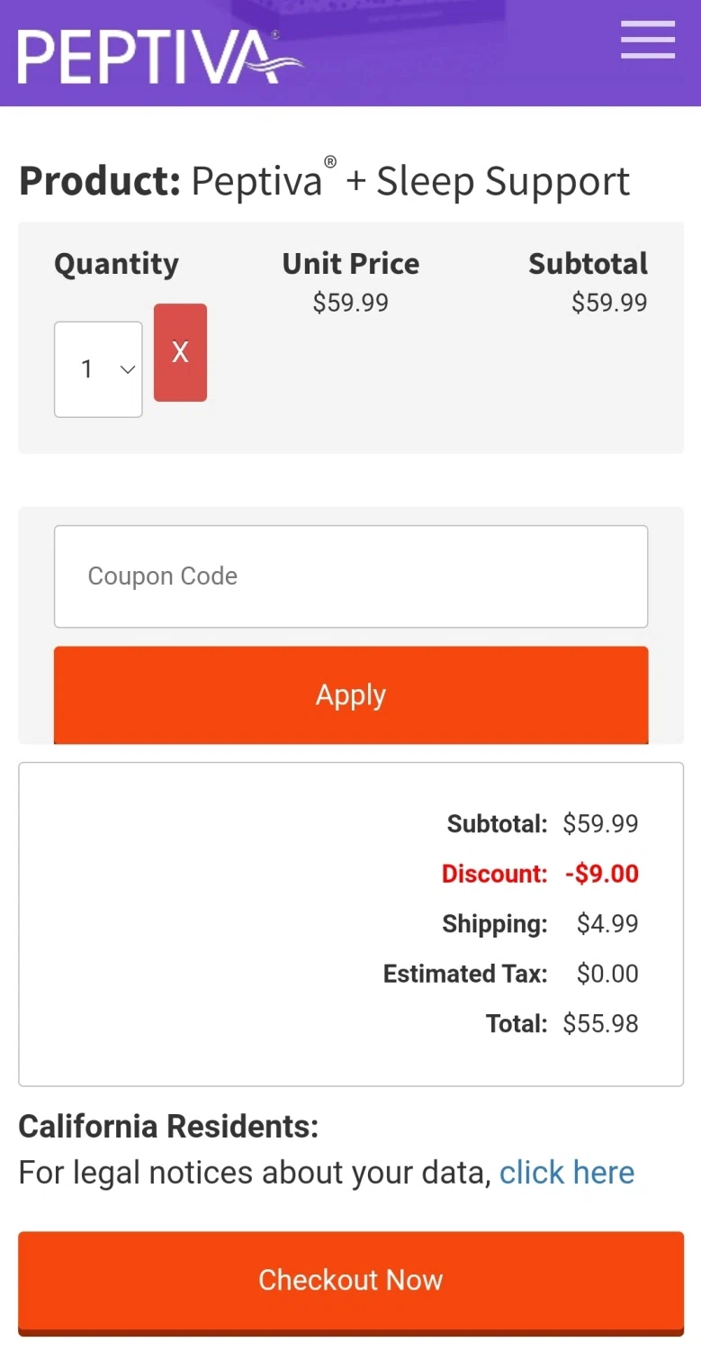 where to use Peptiva promo code box