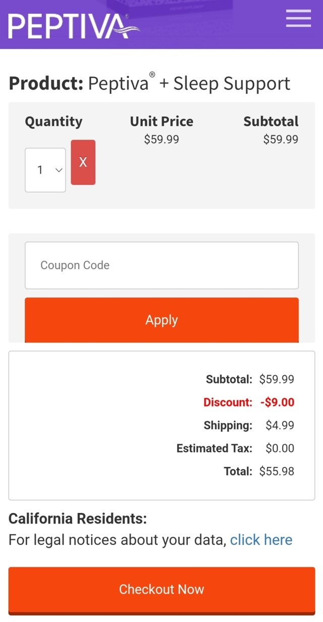 Peptiva checkout page showing Peptiva coupon code box | Screenshot taken by SimplyCodes community member on Jan 10, 2023
