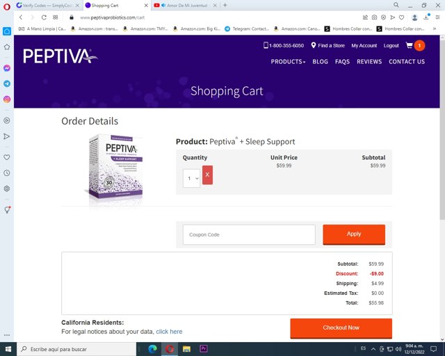 Peptiva checkout page showing Peptiva coupon code box | Screenshot taken by SimplyCodes community member on Dec 12, 2022