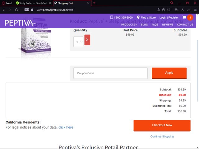 Peptiva checkout page showing Peptiva coupon code box | Screenshot taken by SimplyCodes community member on Jun 1, 2024