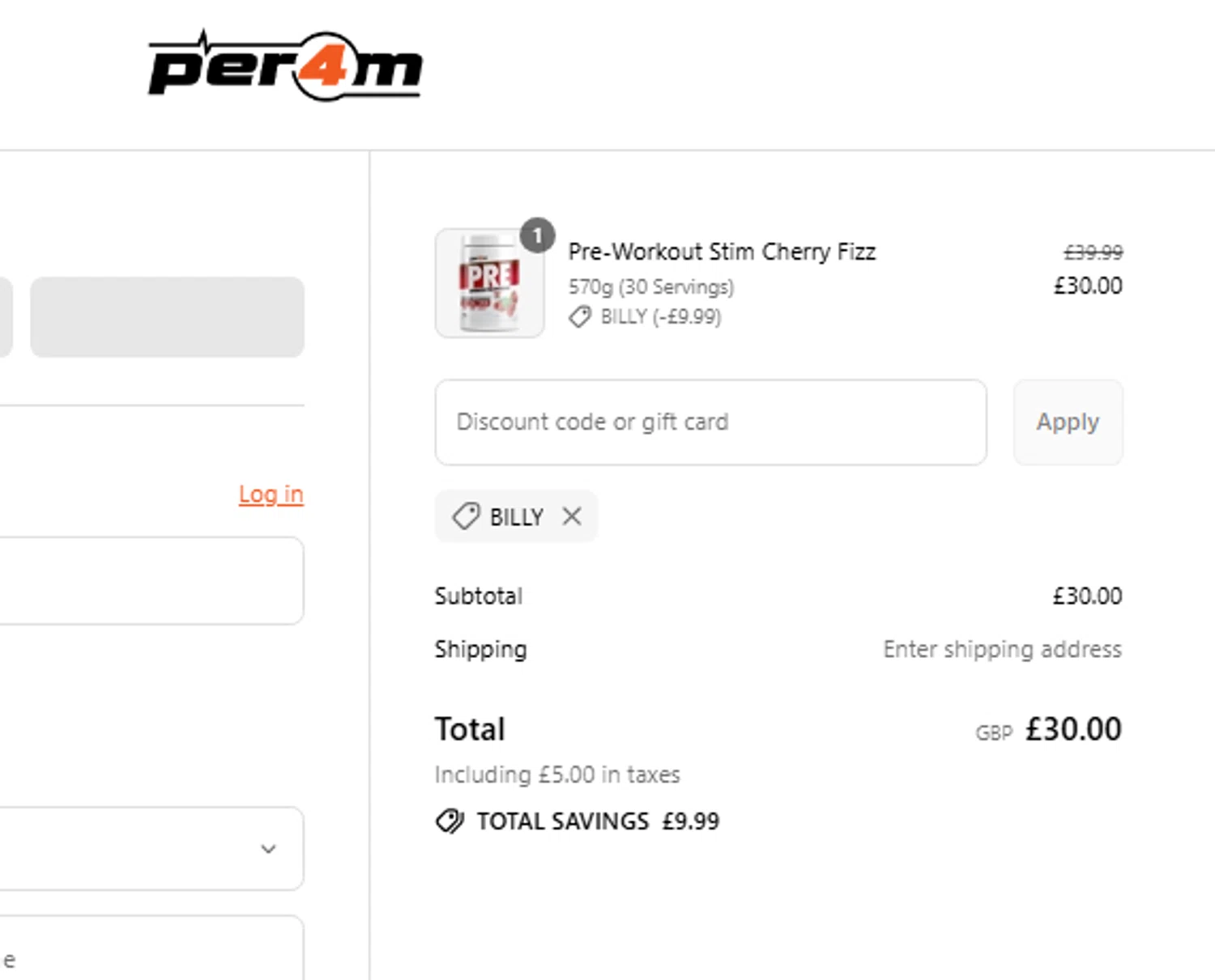 PER4M Nutrition promo code screenshot showing code BILLY applied at PER4M Nutrition checkout page. Uploaded by SimplyCodes community member Toundjiale on Aug 8, 2025