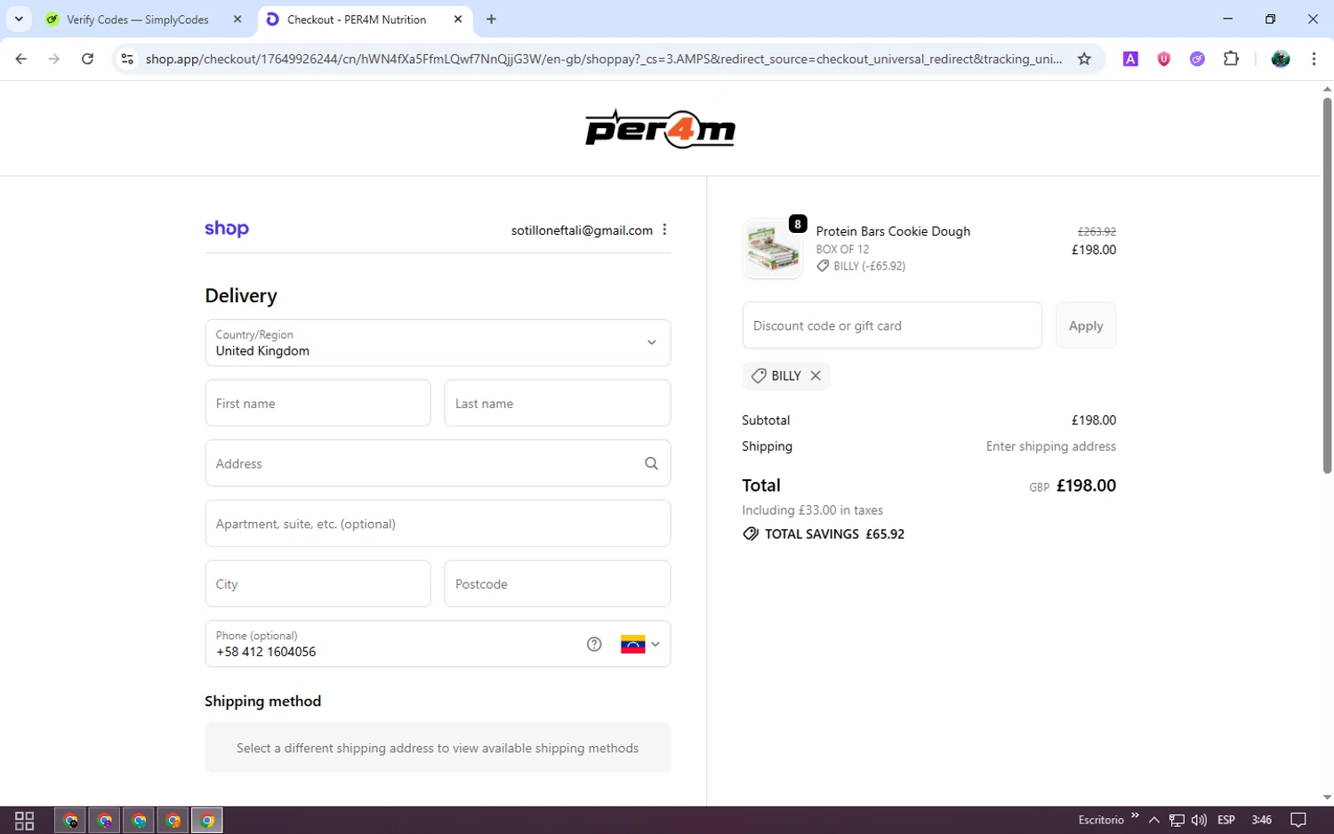 PER4M Nutrition promo code screenshot showing code BILLY applied at PER4M Nutrition checkout page. Uploaded by SimplyCodes community member neurioandrades on Oct 29, 2025
