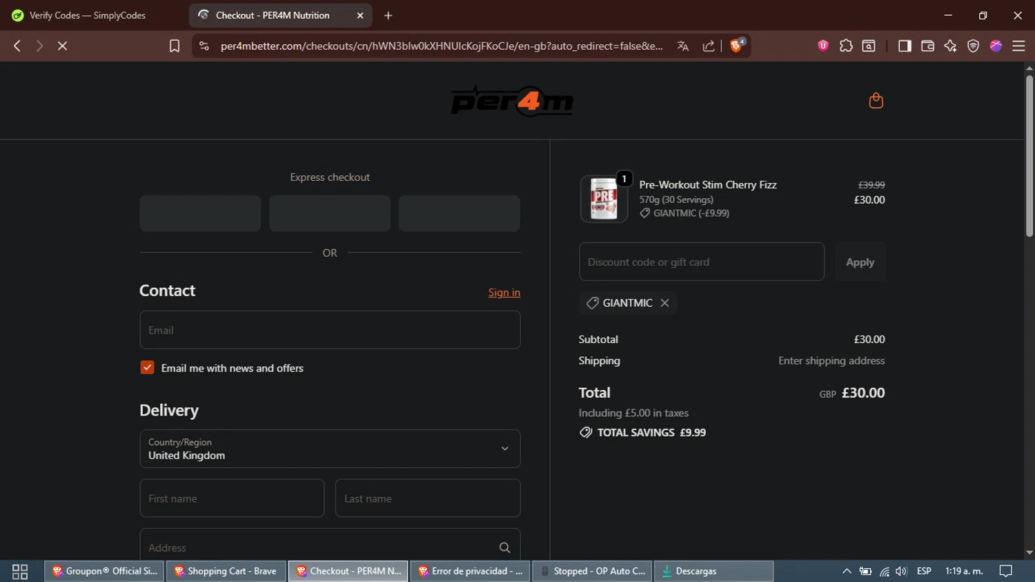 PER4M Nutrition promo code screenshot showing code GIANTMIC applied at PER4M Nutrition checkout page. Uploaded by SimplyCodes community member Alfred on Oct 1, 2025
