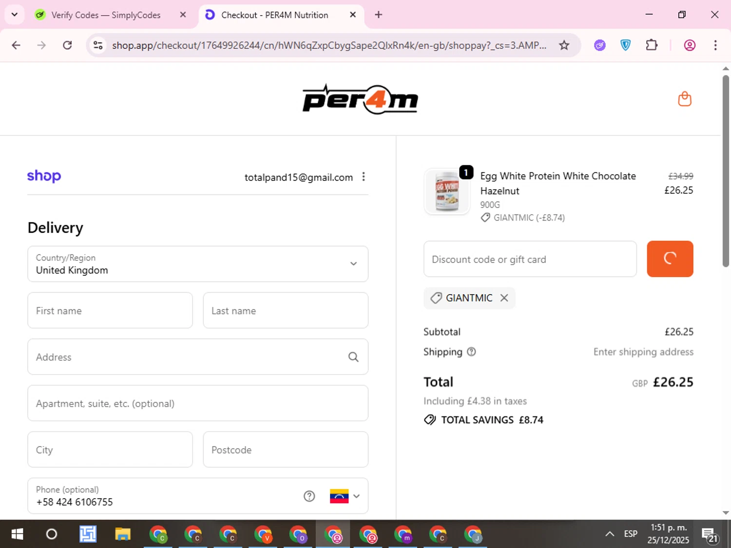 PER4M Nutrition promo code screenshot showing code GIANTMIC applied at PER4M Nutrition checkout page. Uploaded by SimplyCodes community member QuestCurator1644 on Dec 25, 2025