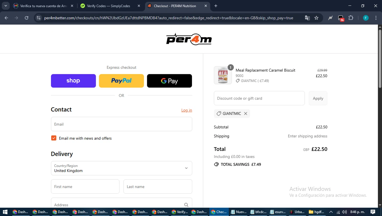 PER4M Nutrition promo code screenshot showing code GIANTMIC applied at PER4M Nutrition checkout page. Uploaded by SimplyCodes community member ShrewdTitan3233 on Sep 2, 2025