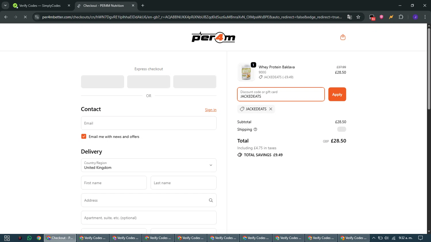 PER4M Nutrition promo code screenshot showing code JACKEDEATS applied at PER4M Nutrition checkout page. Uploaded by SimplyCodes community member WiseMaven9968 on Jan 4, 2026