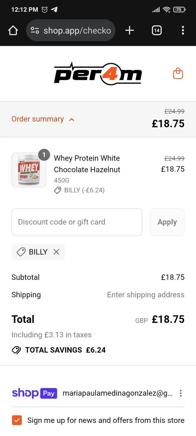 PER4M Nutrition promo code screenshot showing code BILLY applied at PER4M Nutrition checkout page. Uploaded by SimplyCodes community member PromoMaven605 on Aug 8, 2025
