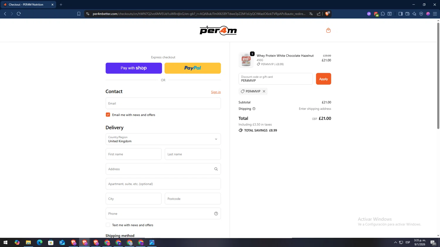PER4M Nutrition promo code screenshot showing code PER4MVIP applied at PER4M Nutrition checkout page. Uploaded by SimplyCodes community member TokenSaver1205 on Jan 9, 2026