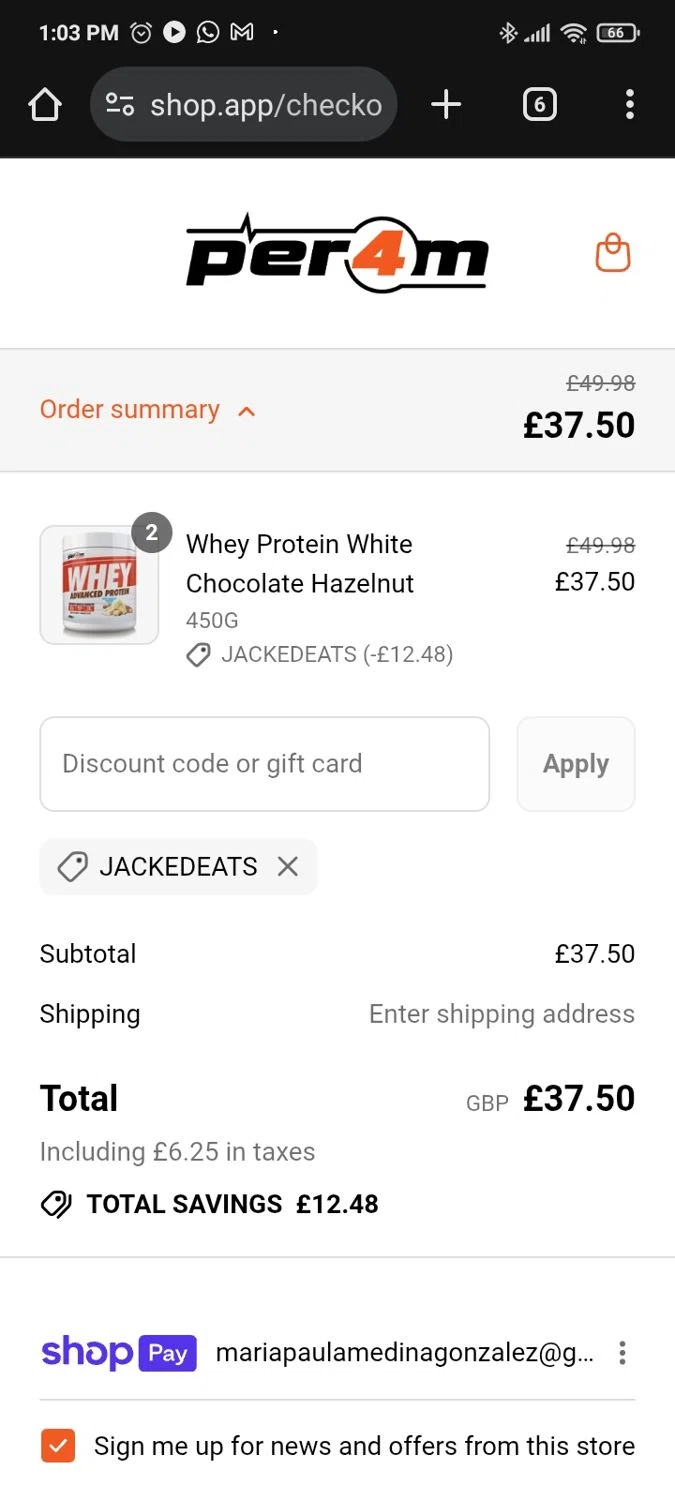 PER4M Nutrition promo code screenshot showing code JACKEDEATS applied at PER4M Nutrition checkout page. Uploaded by SimplyCodes community member Yarialmys2020 on Aug 8, 2025