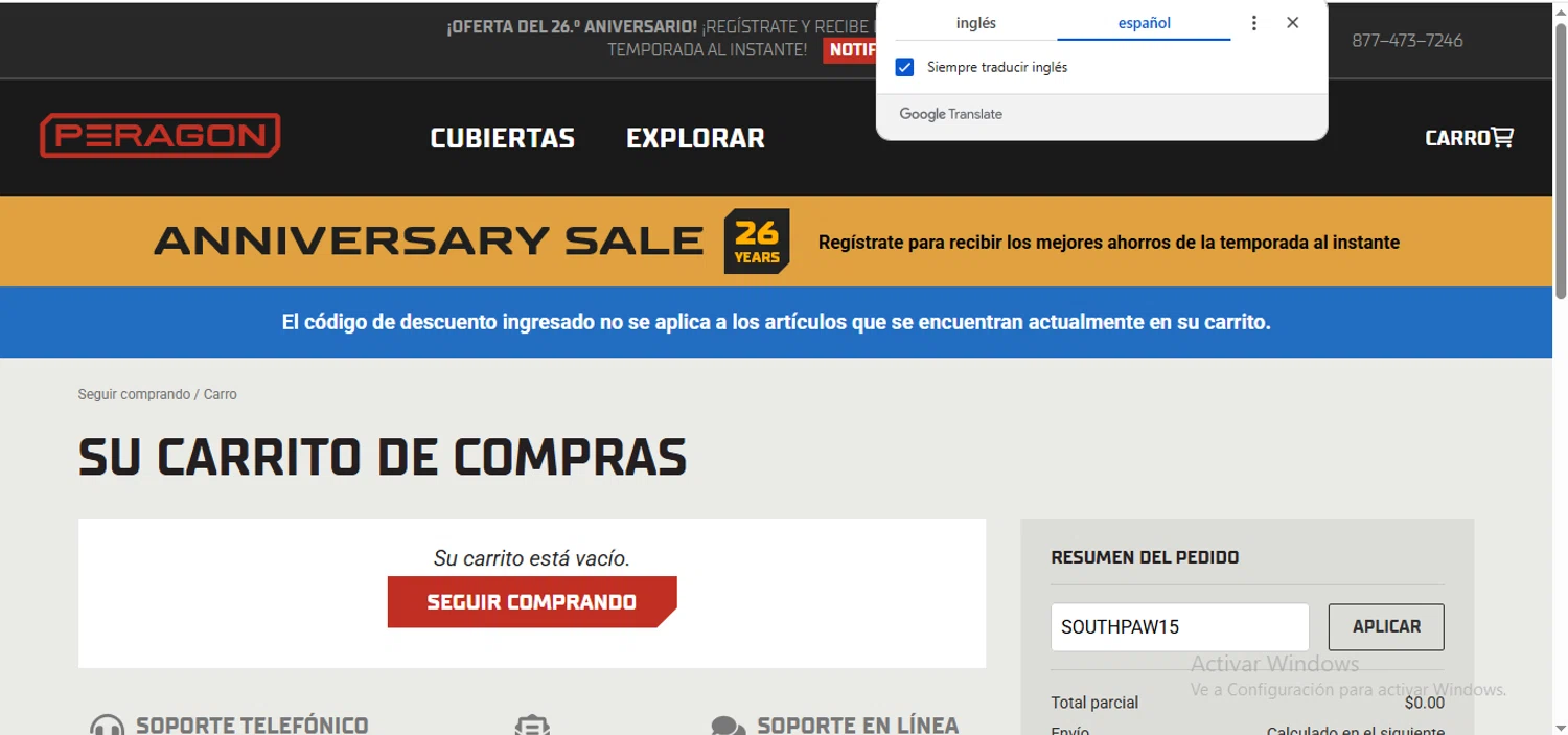 Peragon discount code screenshot showing code SOUTHPAW15 applied at Peragon checkout page. Uploaded by SimplyCodes community member Francisco on Apr 4, 2025