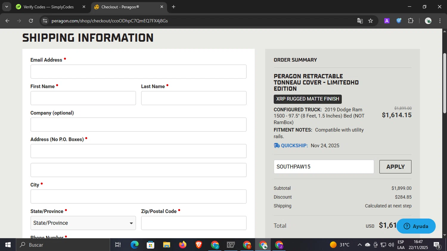 Peragon discount code screenshot showing code SOUTHPAW15 applied at Peragon checkout page. Uploaded by SimplyCodes community member underwater on Nov 22, 2025