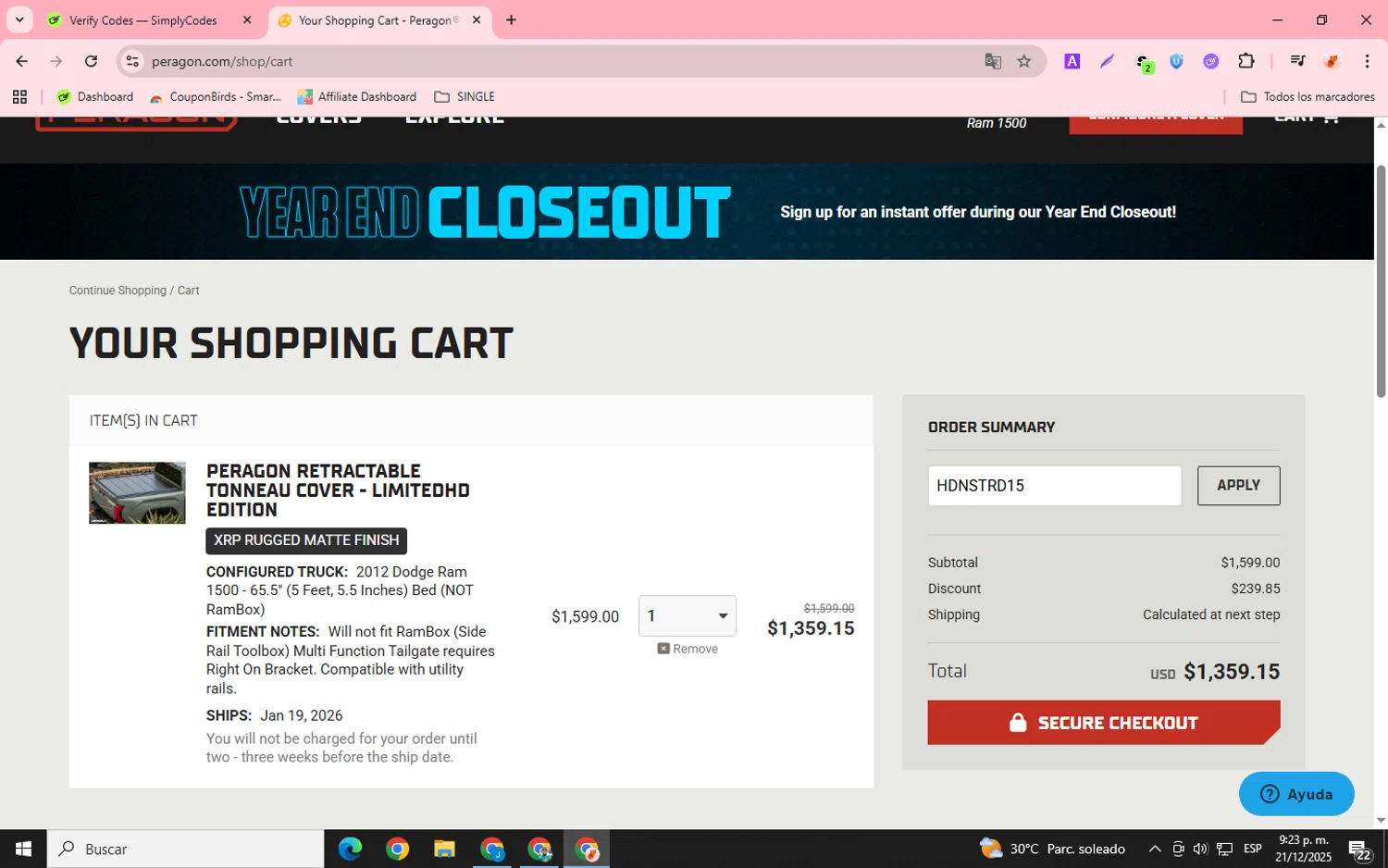 Peragon promo code screenshot showing code HDNSTRD15 applied at Peragon checkout page. Uploaded by SimplyCodes community member chemozavala on Dec 22, 2025