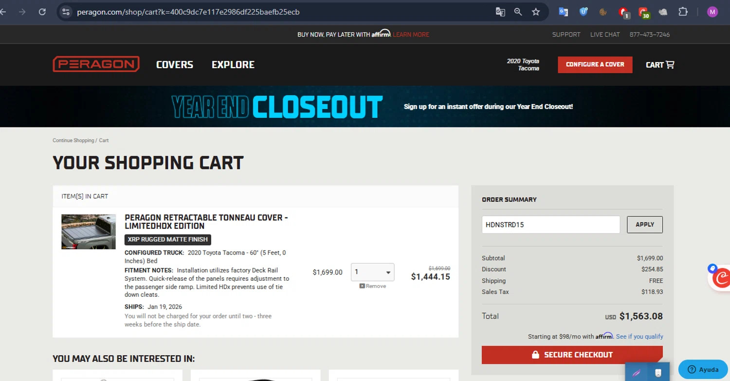 Peragon promo code screenshot showing code HDNSTRD15 applied at Peragon checkout page. Uploaded by SimplyCodes community member WonderHawk4272 on Dec 22, 2025