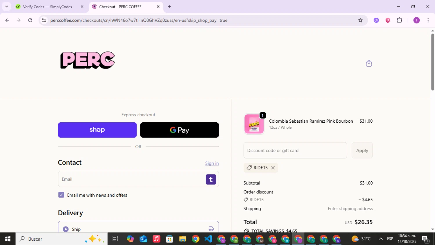 PERC Coffee discount code screenshot showing code RIDE15 applied at PERC Coffee checkout page. Uploaded by SimplyCodes community member RebateAce6764 on Oct 14, 2025