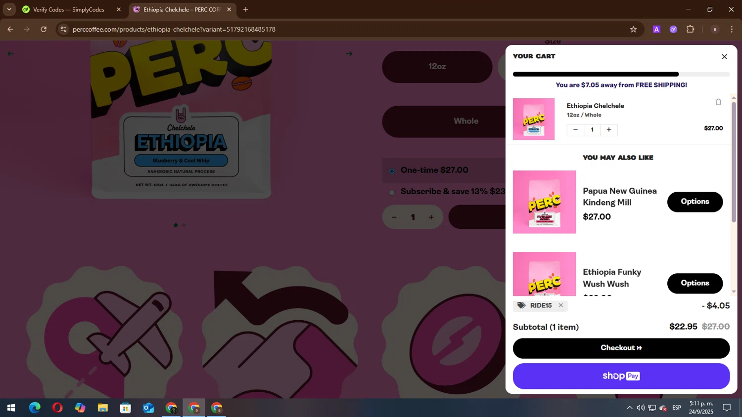 PERC Coffee discount code screenshot showing code RIDE15 applied at PERC Coffee checkout page. Uploaded by SimplyCodes community member lisandro on Sep 24, 2025
