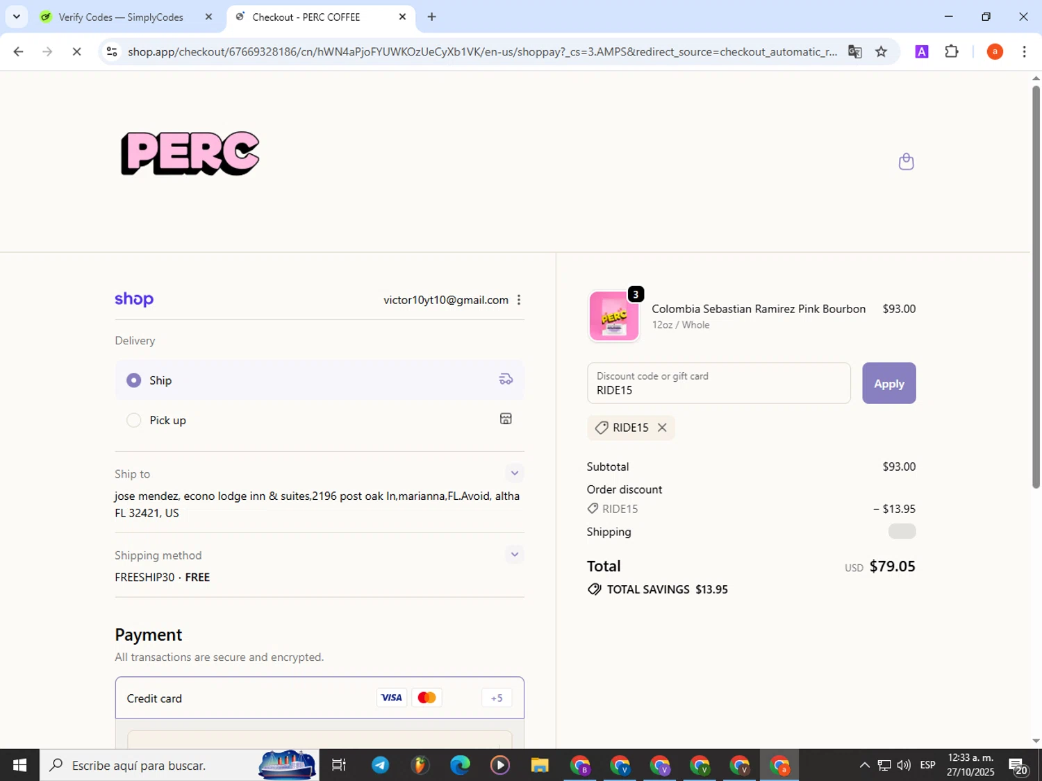 PERC Coffee discount code screenshot showing code RIDE15 applied at PERC Coffee checkout page. Uploaded by SimplyCodes community member partenalgas on Oct 27, 2025