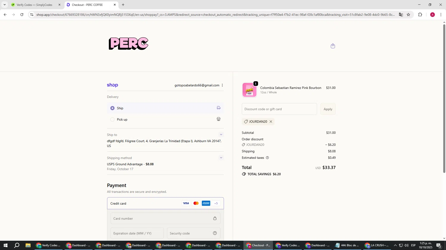 PERC Coffee discount code screenshot showing code JOURDAN20 applied at PERC Coffee checkout page. Uploaded by SimplyCodes community member BMWGS1200 on Oct 10, 2025