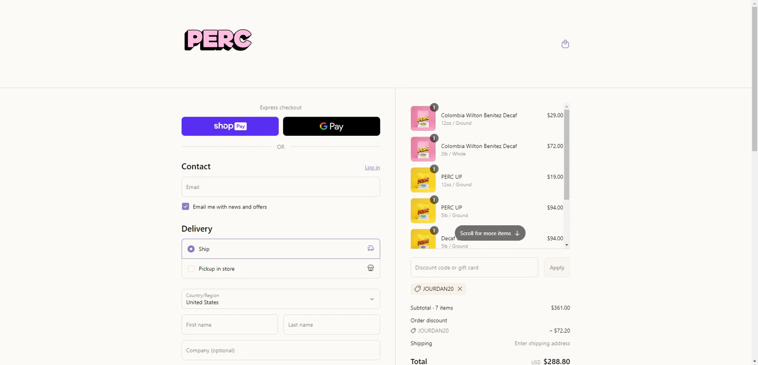 PERC Coffee discount code screenshot showing code JOURDAN20 applied at PERC Coffee checkout page. Uploaded by SimplyCodes community member ValiantAce1810 on Jul 4, 2025