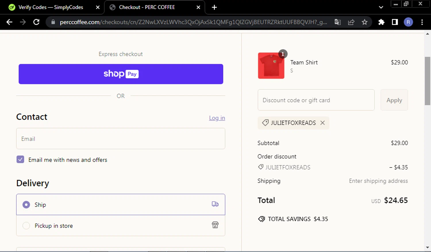 PERC Coffee discount code screenshot showing code julietfoxreads applied at PERC Coffee checkout page. Uploaded by SimplyCodes community member ValueCurator4241 on Feb 22, 2025