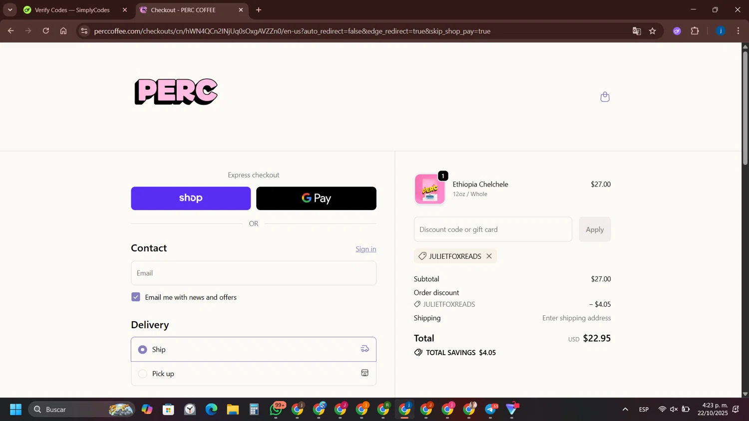 PERC Coffee discount code screenshot showing code julietfoxreads applied at PERC Coffee checkout page. Uploaded by SimplyCodes community member yameteqdasai on Oct 22, 2025