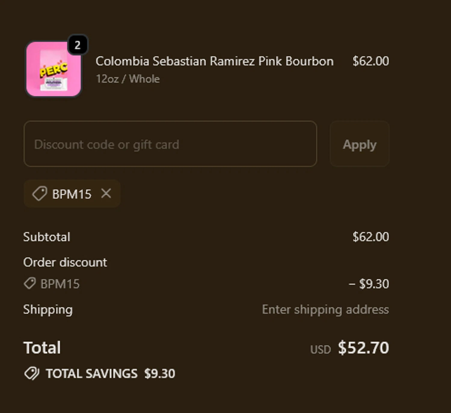 PERC Coffee discount code screenshot showing code BPM15 applied at PERC Coffee checkout page. Uploaded by SimplyCodes community member xocelot44x on Oct 10, 2025