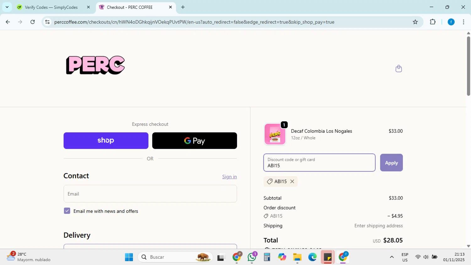 PERC Coffee discount code screenshot showing code ABI15 applied at PERC Coffee checkout page. Uploaded by SimplyCodes community member FRANCYCASERES12 on Nov 2, 2025