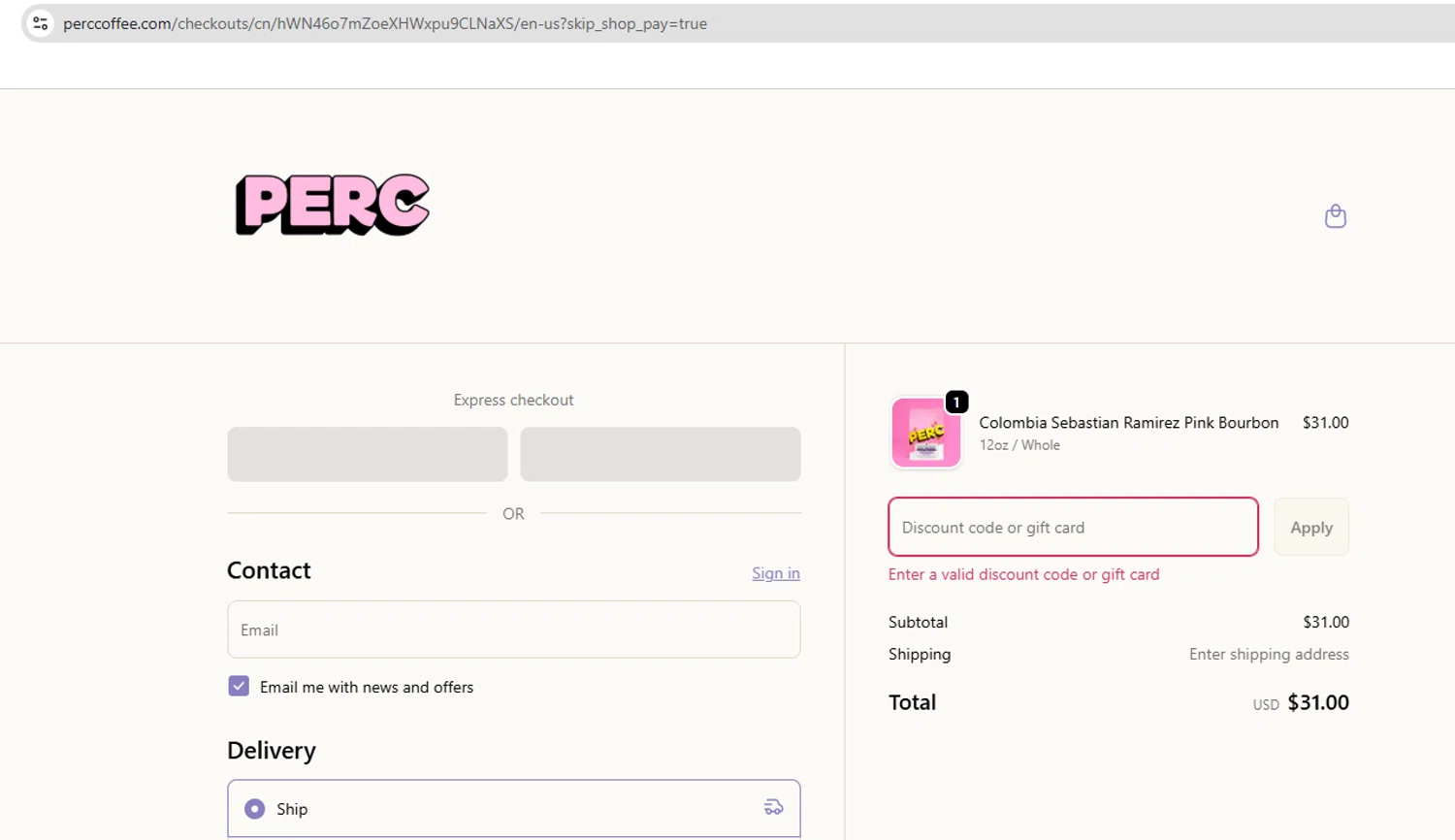 PERC Coffee discount code screenshot showing code ABI15 applied at PERC Coffee checkout page. Uploaded by SimplyCodes community member YHLQMDLGN on Oct 14, 2025