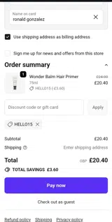HELLO15 coupon verification screenshot