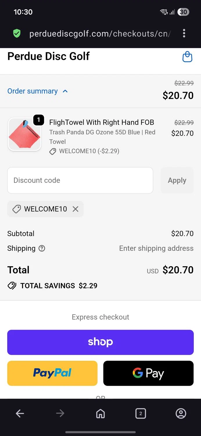 Perdue Disc Golf promo code screenshot showing code Welcome10 applied at Perdue Disc Golf checkout page. Uploaded by SimplyCodes community member BB9542251456527 on May 19, 2026