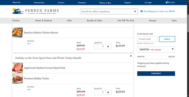 Perdue Farms checkout page showing Perdue Farms promo code box | Screenshot taken by SimplyCodes community member on Jun 17, 2025