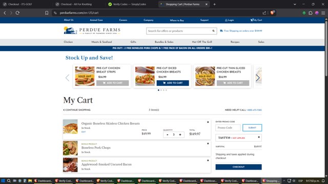 Perdue Farms checkout page showing Perdue Farms promo code box | Screenshot taken by SimplyCodes community member on Jun 18, 2025