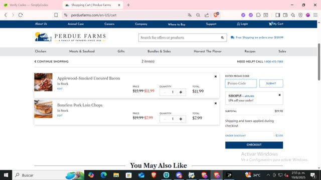 Perdue Farms checkout page showing Perdue Farms promo code box | Screenshot taken by SimplyCodes community member on Aug 19, 2025