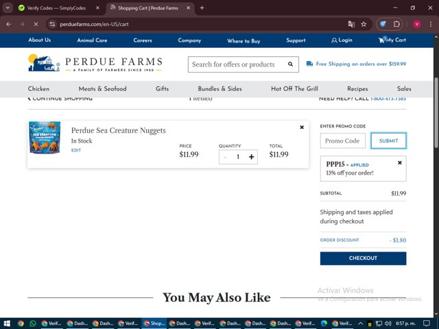 Perdue Farms checkout page showing Perdue Farms promo code box | Screenshot taken by SimplyCodes community member on Jun 17, 2025