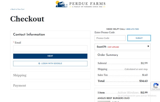 Perdue Farms checkout page showing Perdue Farms promo code box | Screenshot taken by SimplyCodes community member on Jul 15, 2025