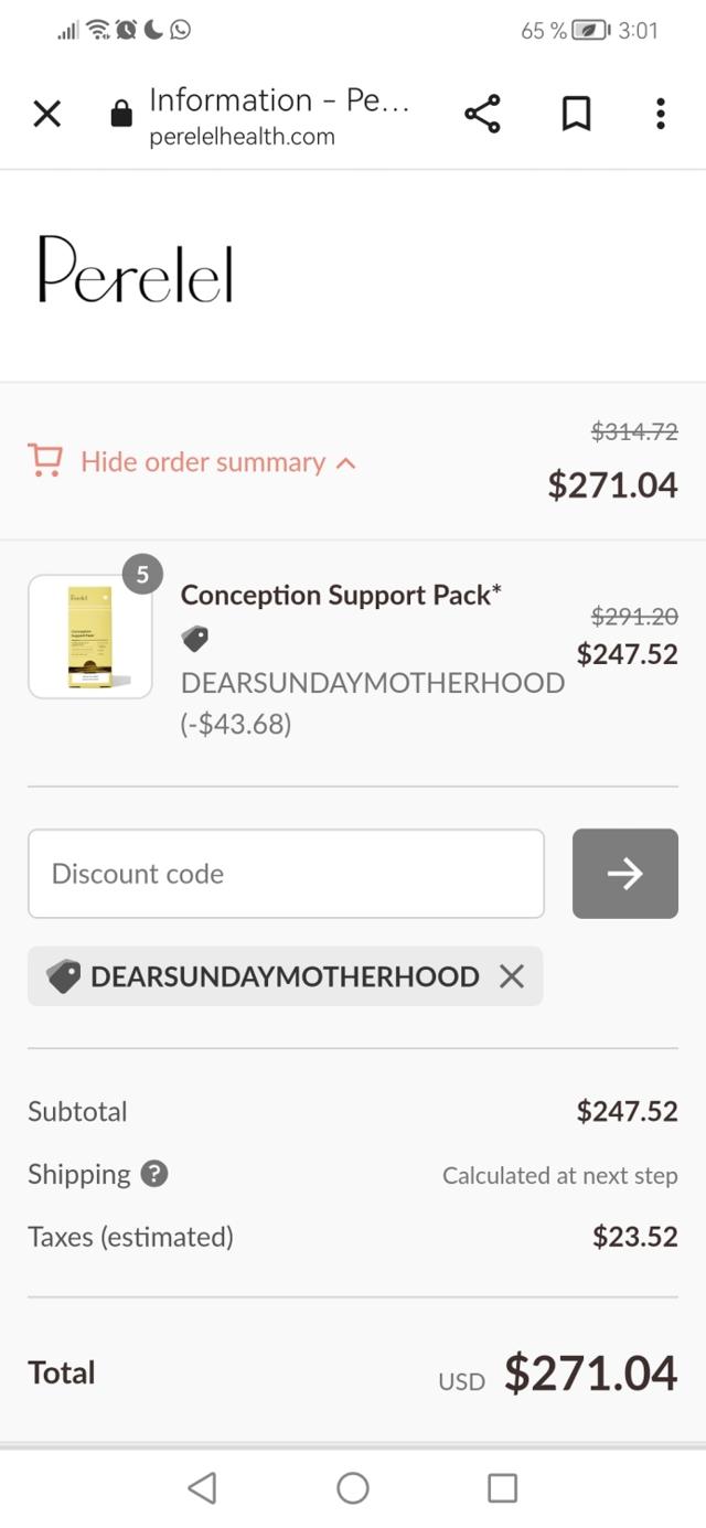 Perelel checkout page showing Perelel discount code box | Screenshot taken by SimplyCodes community member on Oct 7, 2022