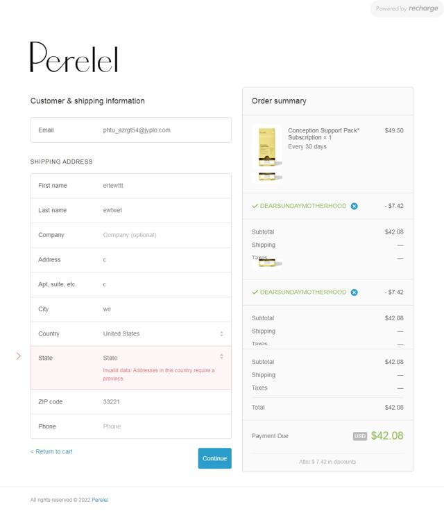Perelel checkout page showing Perelel discount code box | Screenshot taken by SimplyCodes community member on Oct 7, 2022