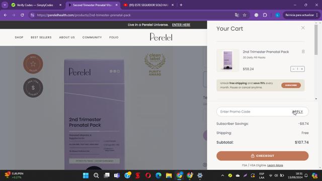 Perelel checkout page showing Perelel discount code box | Screenshot taken by SimplyCodes community member on Sep 13, 2024