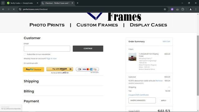 Perfect Cases and Frames checkout page showing Perfect Cases and Frames coupon code box | Screenshot taken by SimplyCodes community member on Aug 6, 2025
