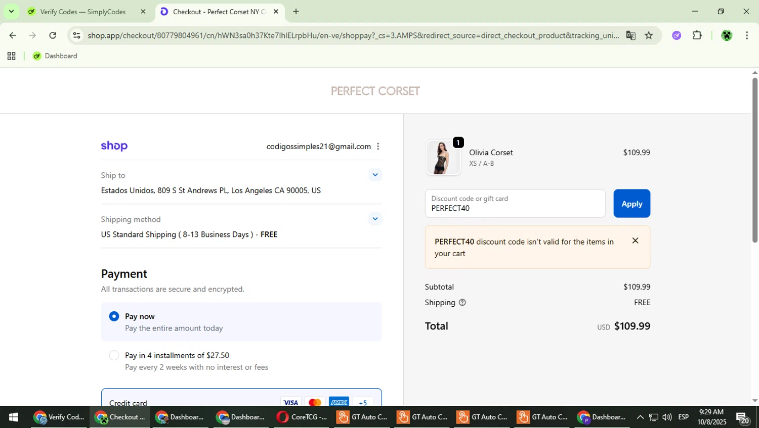 Perfect Corset discount code screenshot showing code PERFECT40 applied at Perfect Corset checkout page. Uploaded by SimplyCodes community member MaitoGai on Oct 8, 2025