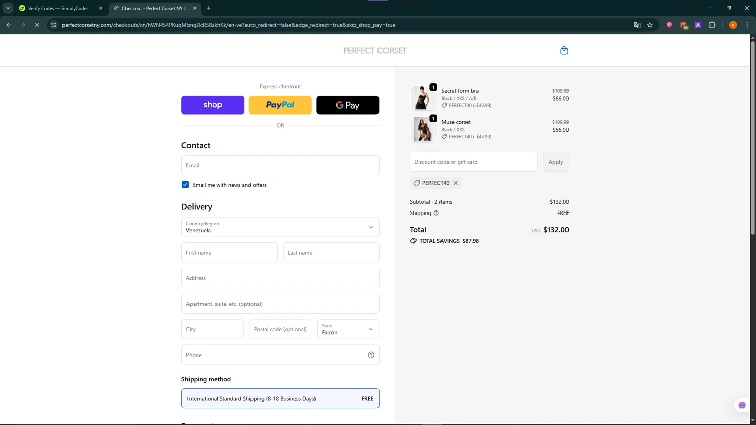 Perfect Corset discount code screenshot showing code PERFECT40 applied at Perfect Corset checkout page. Uploaded by SimplyCodes community member NobleScholar188 on Oct 13, 2025