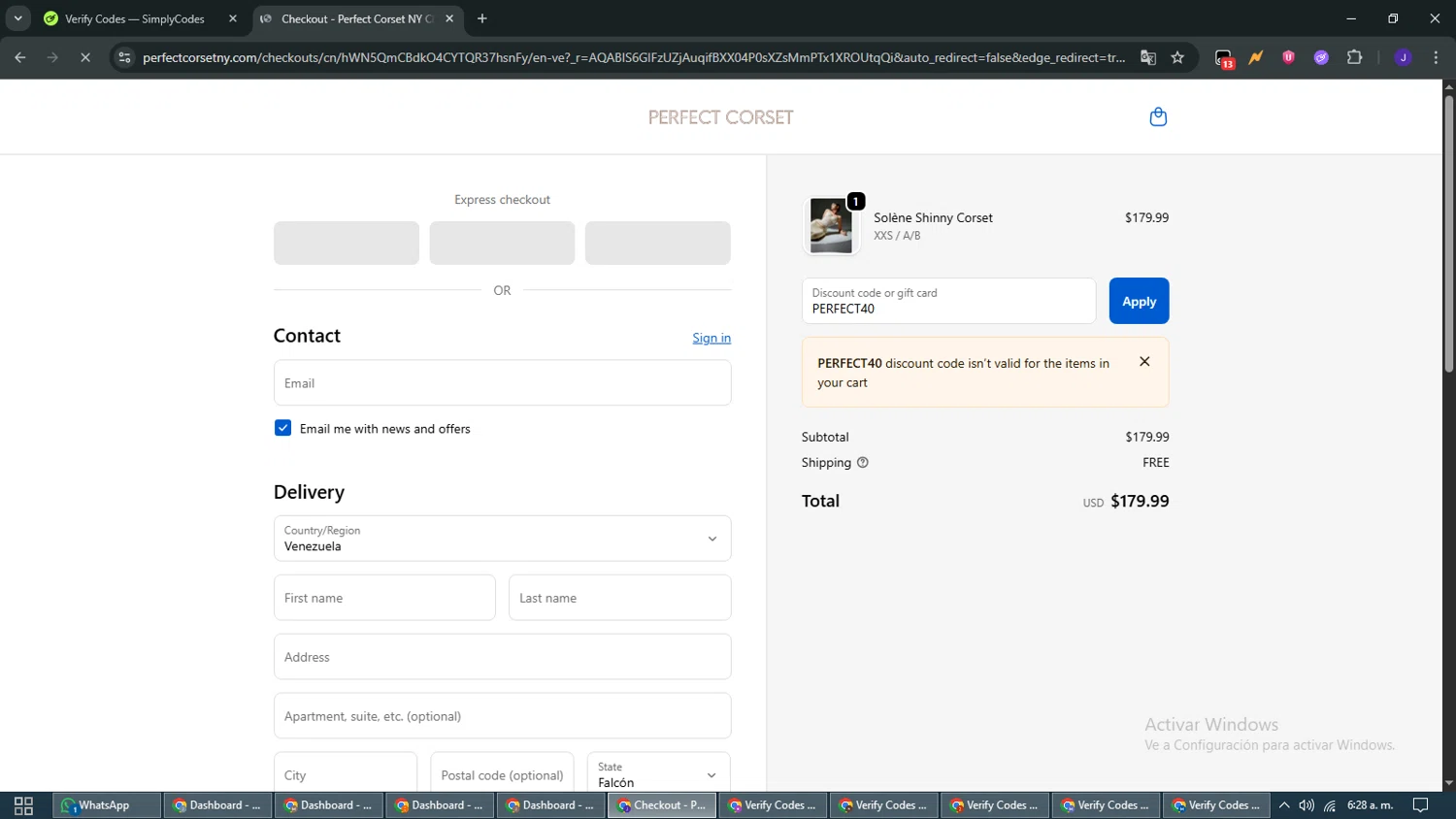 Perfect Corset discount code screenshot showing code PERFECT40 applied at Perfect Corset checkout page. Uploaded by SimplyCodes community member WiseMaven9968 on Nov 18, 2025