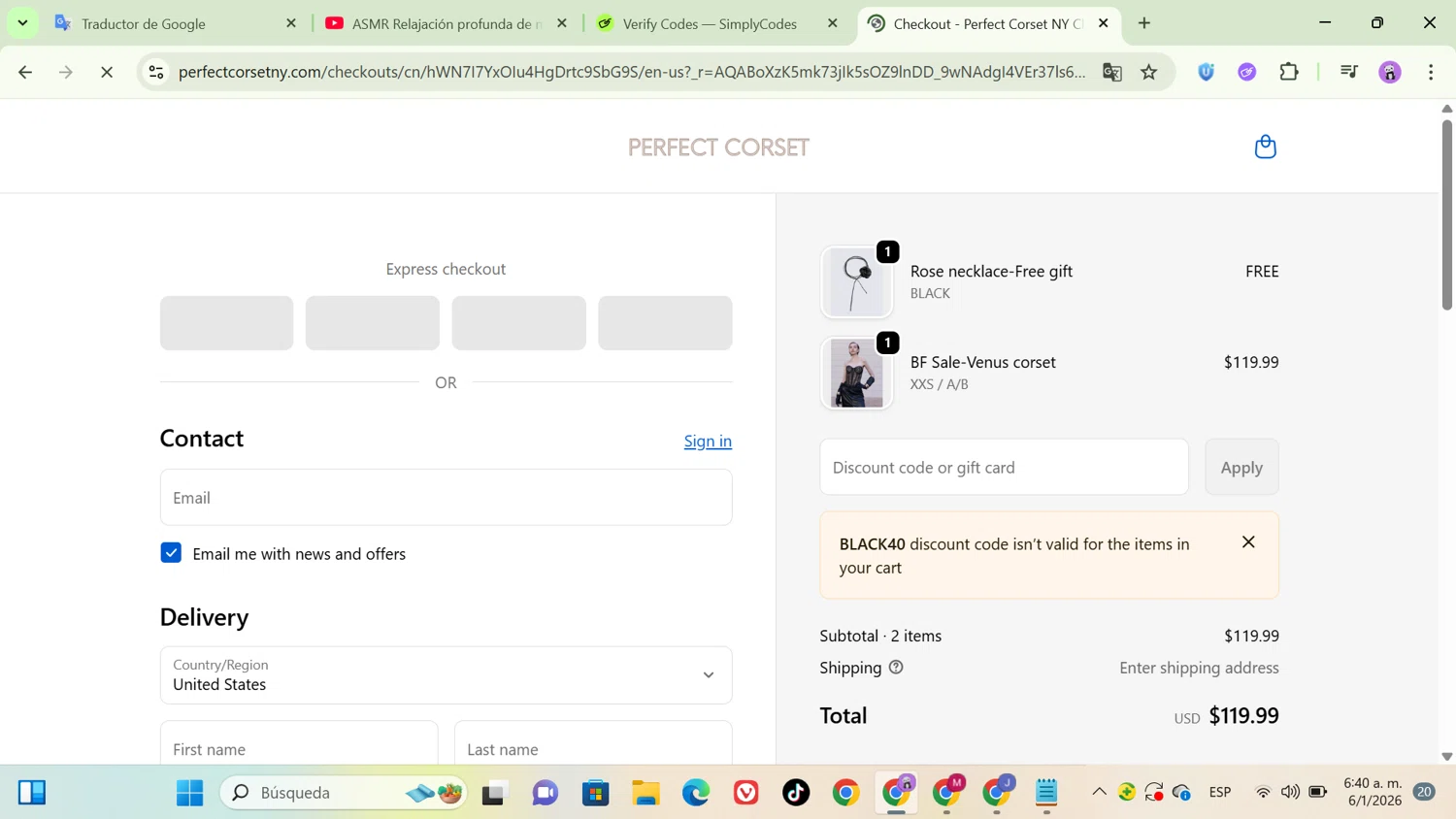 Perfect Corset discount code screenshot showing code BLACK40 applied at Perfect Corset checkout page. Uploaded by SimplyCodes community member Patricioestrella on Jan 6, 2026