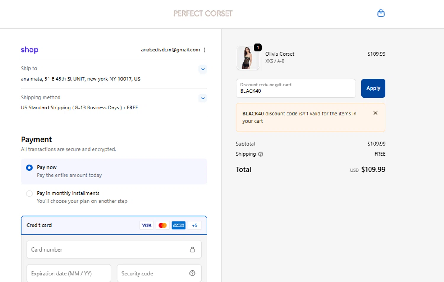 Perfect Corset discount code screenshot showing code BLACK40 applied at Perfect Corset checkout page. Uploaded by SimplyCodes community member RebateWizard4874 on Nov 7, 2025