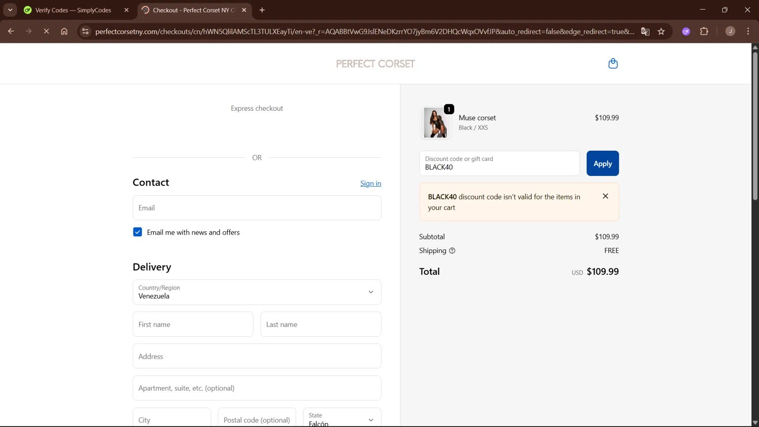 Perfect Corset discount code screenshot showing code BLACK40 applied at Perfect Corset checkout page. Uploaded by SimplyCodes community member WisePro3955 on Nov 18, 2025