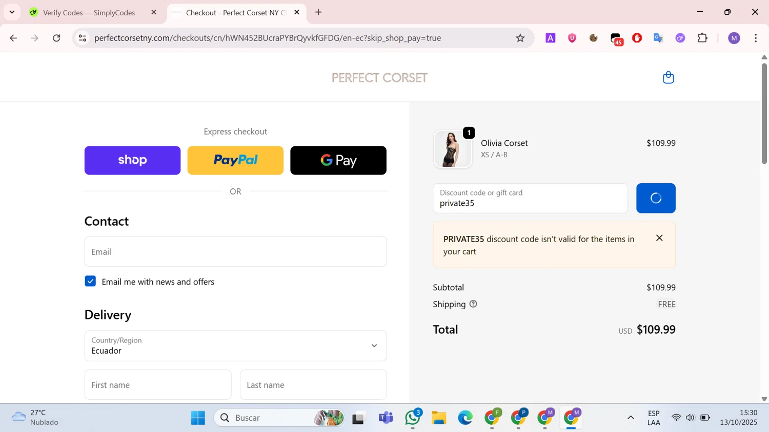 Perfect Corset discount code screenshot showing code private35 applied at Perfect Corset checkout page. Uploaded by SimplyCodes community member CouponCollector598 on Oct 13, 2025