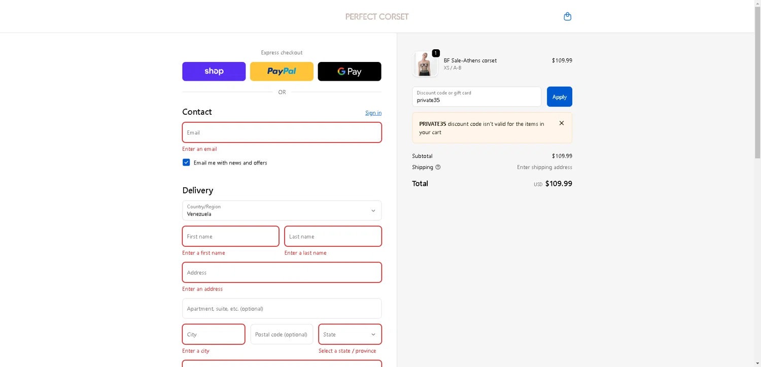 Perfect Corset discount code screenshot showing code private35 applied at Perfect Corset checkout page. Uploaded by SimplyCodes community member VoucherHero1009 on Nov 14, 2025