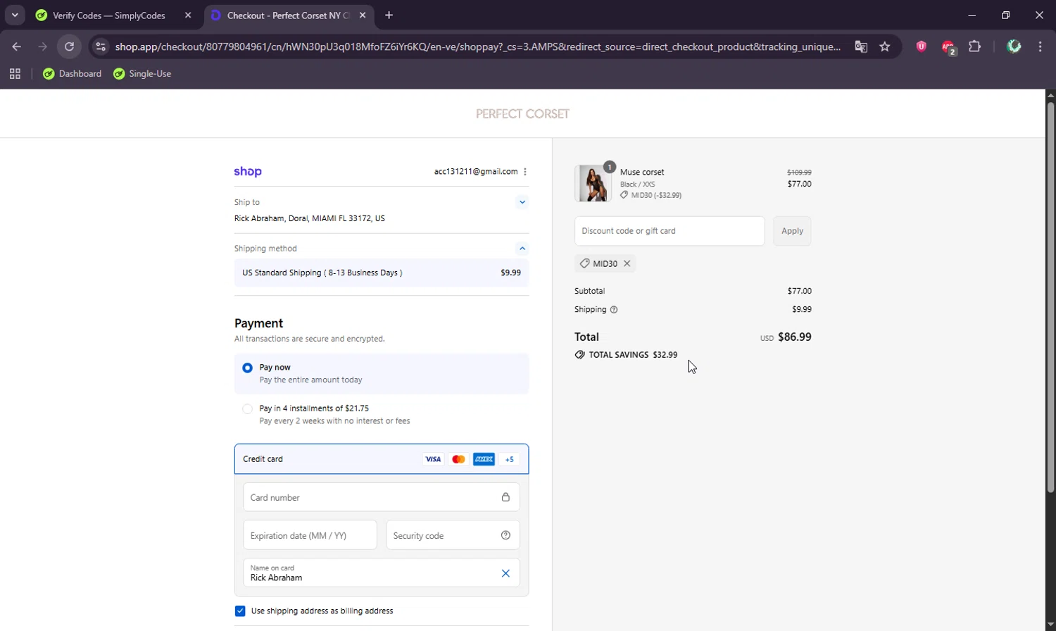 Perfect Corset discount code screenshot showing code mid30 applied at Perfect Corset checkout page. Uploaded by SimplyCodes community member BudgetWizard6950 on Sep 15, 2025