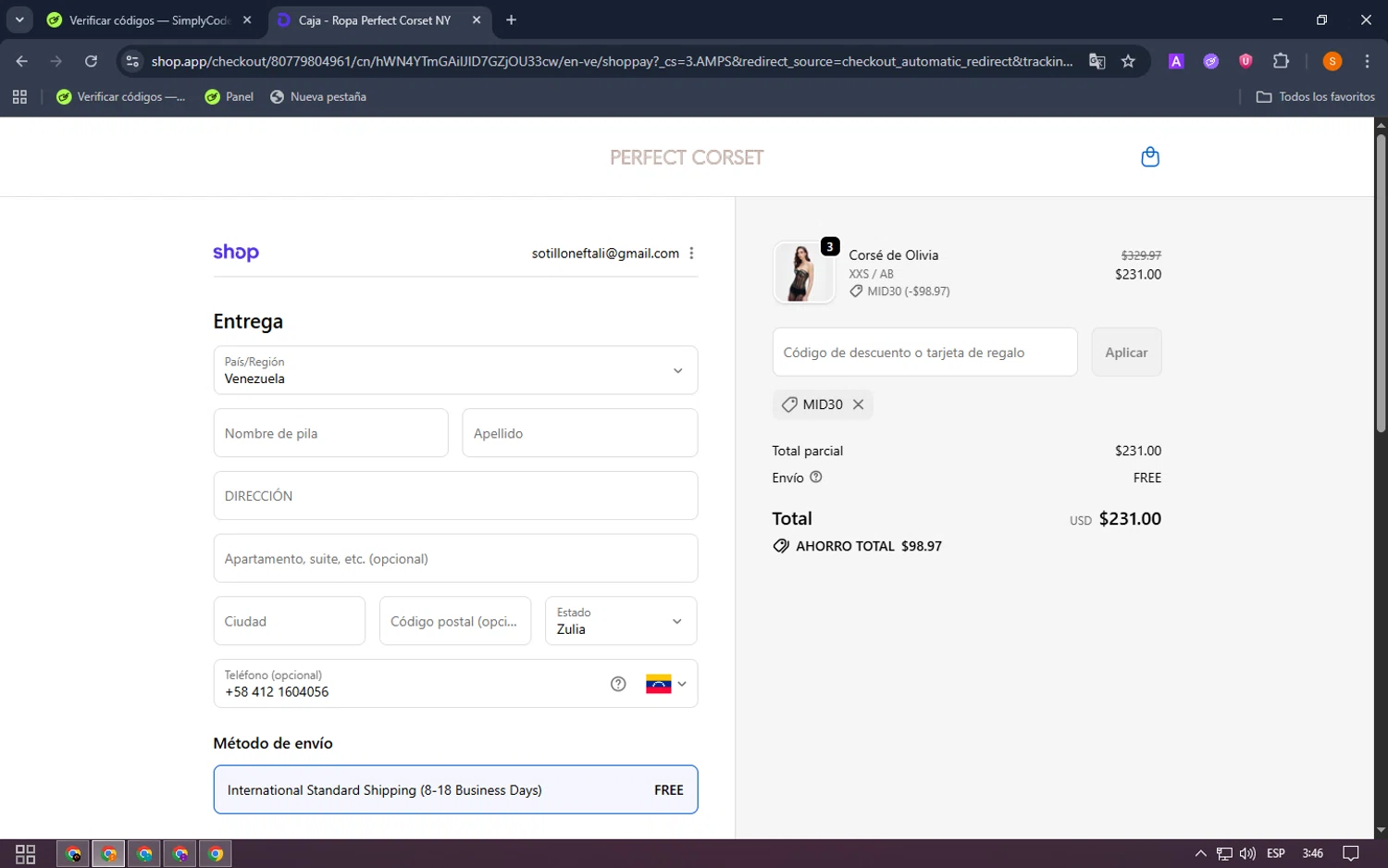Perfect Corset discount code screenshot showing code mid30 applied at Perfect Corset checkout page. Uploaded by SimplyCodes community member MangoFC on Oct 26, 2025