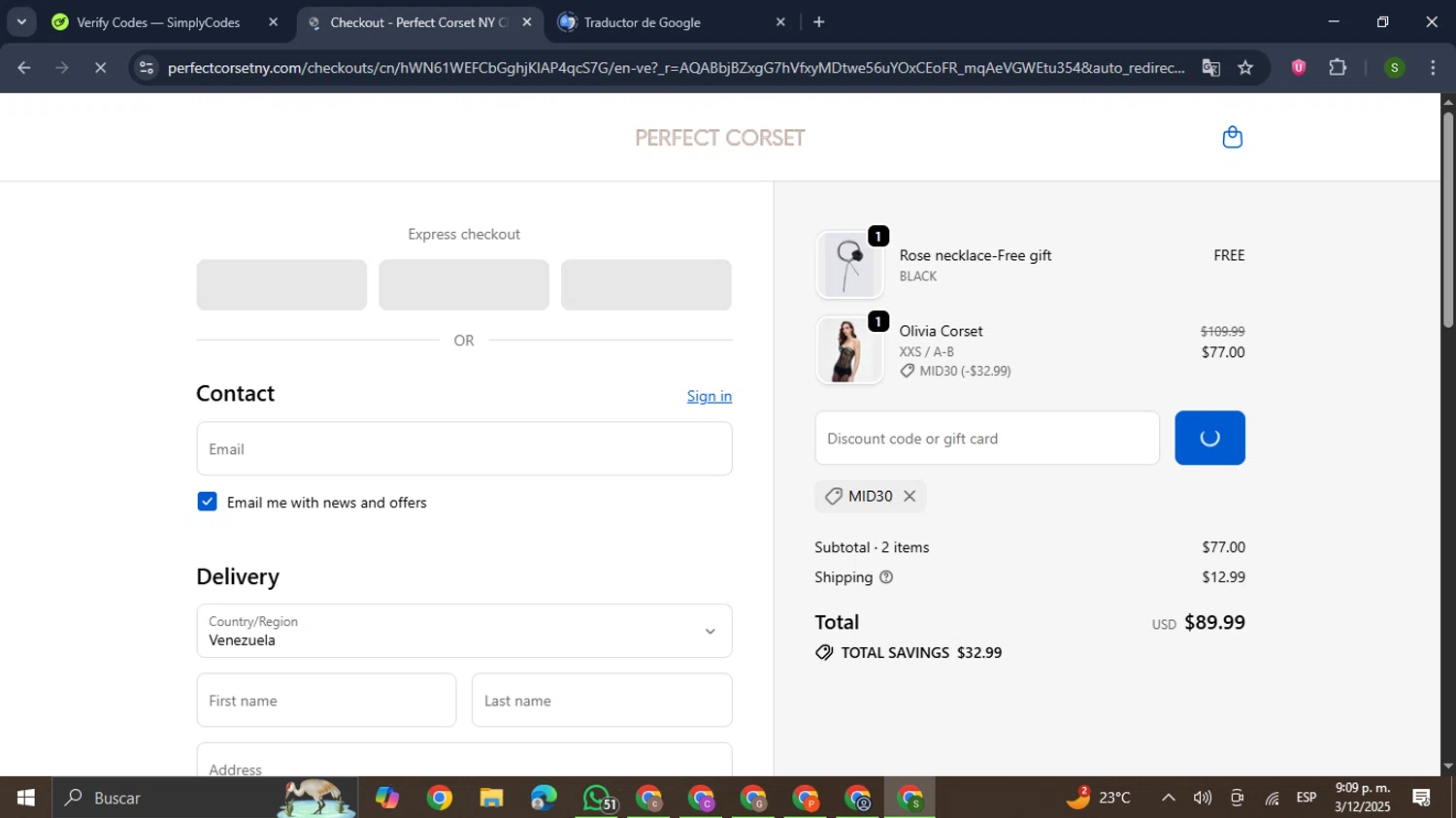 Perfect Corset discount code screenshot showing code mid30 applied at Perfect Corset checkout page. Uploaded by SimplyCodes community member RewardMaverick445 on Dec 4, 2025