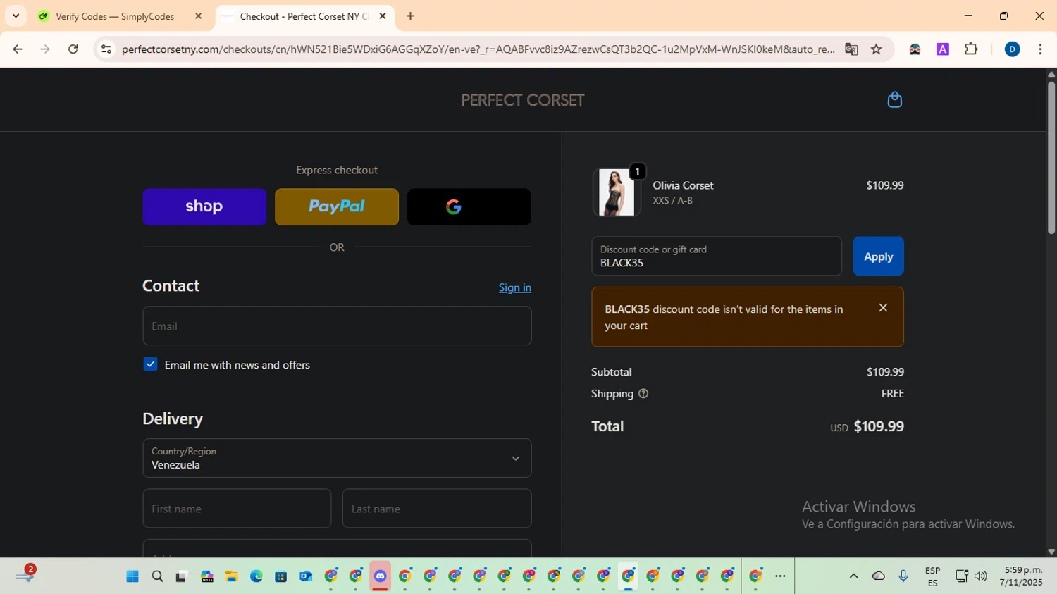 Perfect Corset discount code screenshot showing code BLACK35 applied at Perfect Corset checkout page. Uploaded by SimplyCodes community member DealVoyager8768 on Nov 7, 2025